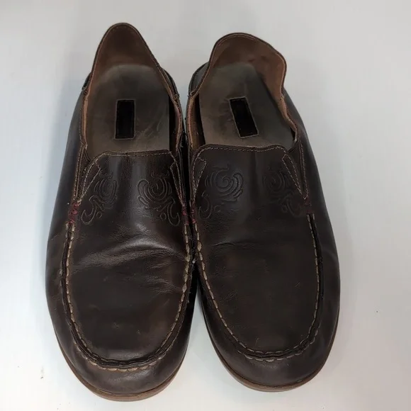 OluKai Dark Brown Leather Slip-On Loafers Size 8 Contract Stitching Drop Back - Picture 5 of 11